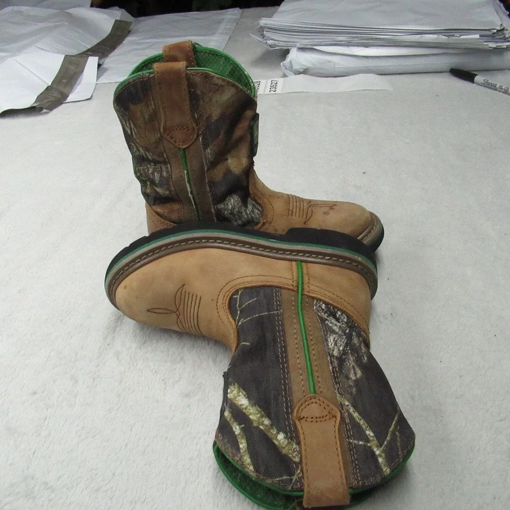 John Deere Kids 11.5M Boots Brown Camo Leather Western Popper Pull-On‎ Outdoor
